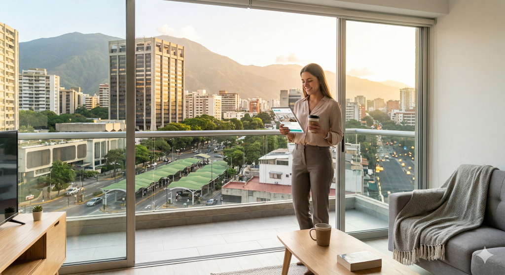 Esta fotografía contemporánea captura a una joven profesional en un balcón de Chacao. Está revisando opciones en una tableta (que simula el portal RIV.VE), rodeada de la arquitectura moderna de la zona y con el Ávila al fondo bajo una luz dorada de la tarde