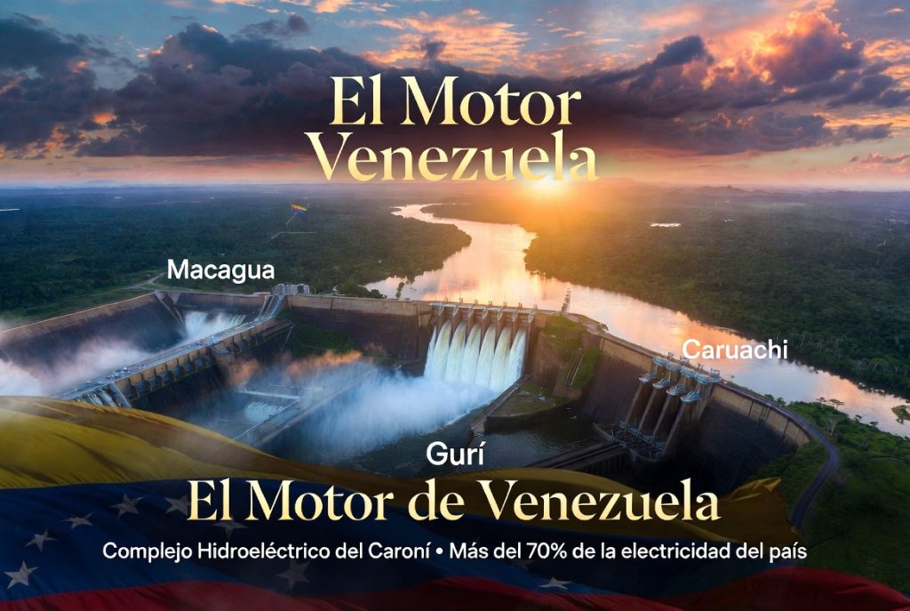 Vista aérea del Complejo Hidroeléctrico del Caroní en Venezuela al atardecer con las presas Guri, Macagua y Caruachi. El Motor de Venezuela – Más del 70% de la electricidad del país"