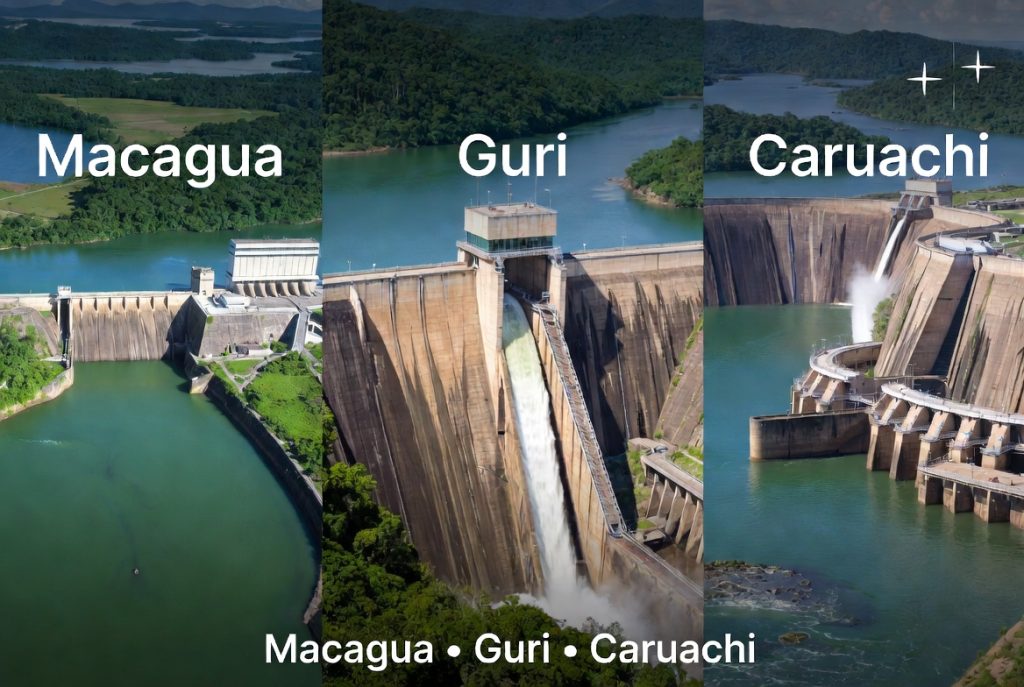 Collage de las tres presas del Complejo Hidroeléctrico del Caroní: Macagua (3.168 MW), Guri (10.235 MW) y Caruachi (2.160 MW)"