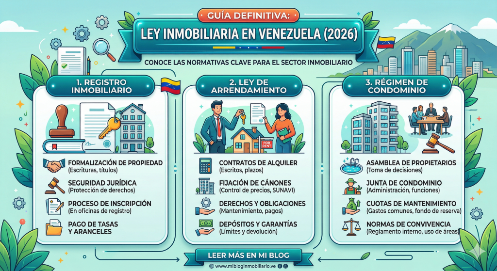 Infografía horizontal titulada “Inversión Segura: Guía Legal Inmuebles en Venezuela 2026” de RIV Venezuela. Resume los aspectos legales clave para invertir con seguridad: Registros y Notarías (Ley de Registros y Notariado, aranceles máx. 2%, unidad Petro-BCV, documentos por abogado). Arrendamiento Comercial (cánones en dólares válidos por TSJ). Propiedad Horizontal (Ley de Propiedad Horizontal, 75% para mejoras, planillas ejecutivas). Incluye protección constitucional a la propiedad privada y recomendación de asesoría experta de RIV. Diseño profesional en azul y verde con iconos claros.