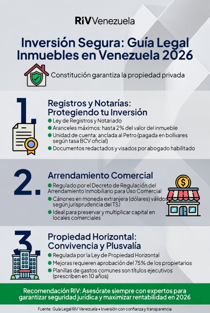 Infografía vertical titulada “Inversión Segura: Guía Legal Inmuebles en Venezuela 2026” de RIV Venezuela. Resume los aspectos legales clave para invertir con seguridad:
