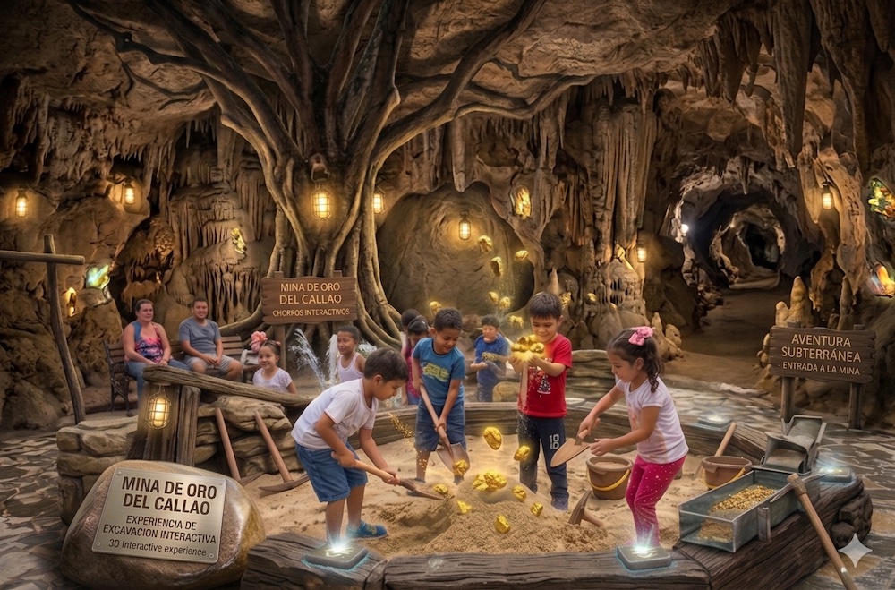 Un grupo de niños excava en busca de piezas de oro mágicas que brillan en una experiencia de excavación interactiva llamada 'Mina de Oro del Callao