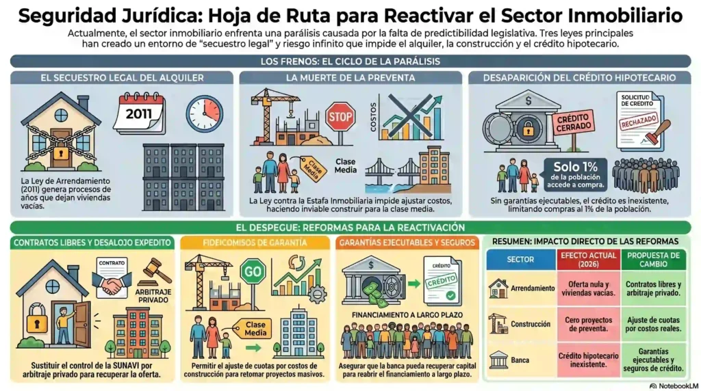 Infografía detallada sobre los problemas legales actuales del sector inmobiliario en Venezuela y las reformas legislativas propuestas para su reactivación a través de la seguridad jurídica