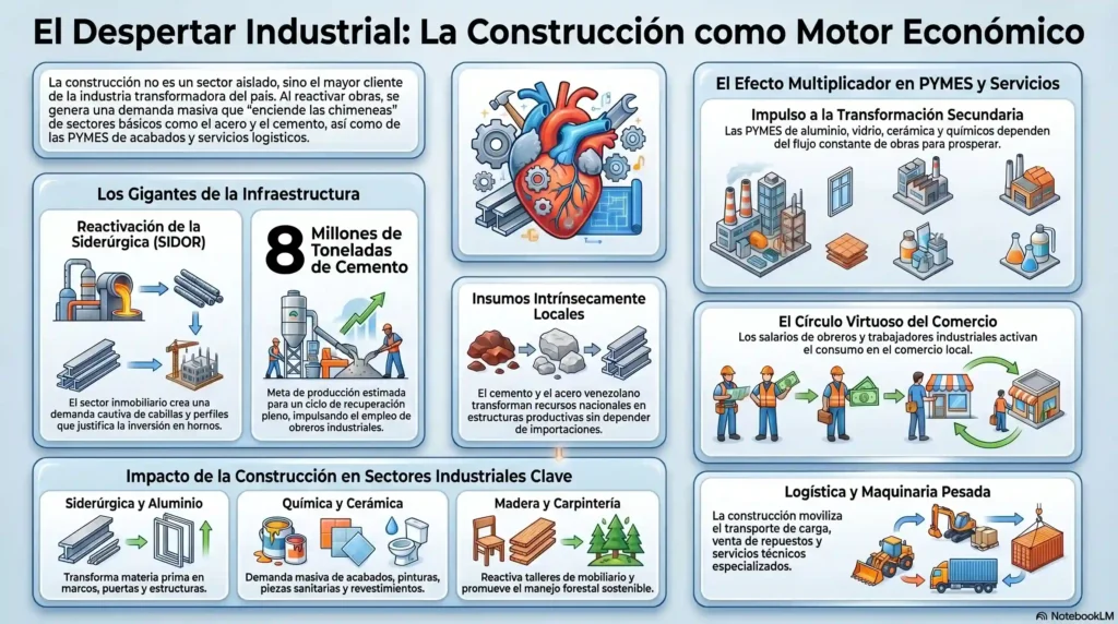 nfografía detallada del impacto económico de la construcción en Venezuela, resaltando su papel como motor de industrias básicas, PYMES, logística y el círculo virtuoso del consumo local