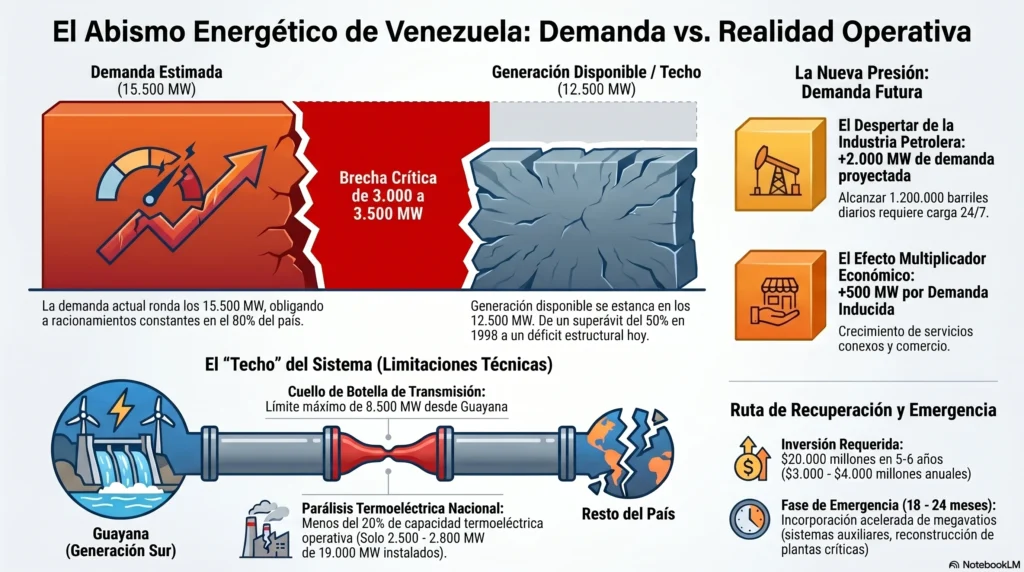 Infografía que contrasta la demanda de 15.500 MW frente al techo de generación de 12.500 MW en el sistema eléctrico venezolano