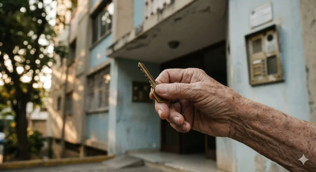 Primer plano de la mano arrugada de una mujer de la tercera edad sosteniendo una llave de casa frente a un edificio residencial en Imagen sobre la Ley de Arrendamientos Venezuela mostrando la mano de una mujer de 87 años con una llave...