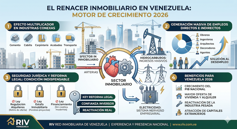 Infografía sobre la reactivación del sector inmobiliario en Venezuela 2026: impacto en el empleo, industrias conexas y reformas legales necesarias.